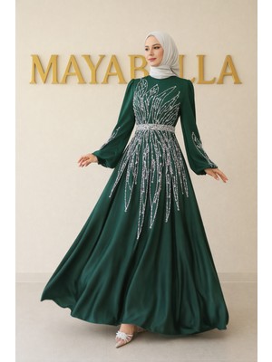 MayaBella Saten Yaprak Desenli Tesettür Abiye