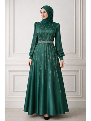 MayaBella Saten Kolları ve Önü Işlemeli Tesettür Abiye
