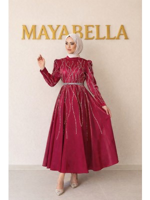 MayaBella Saten Kolları ve Önü Işlemeli Tesettür Abiye