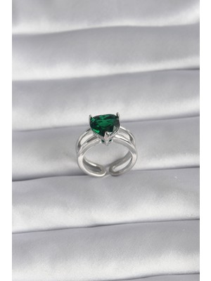 Ayder Timya Pirinç Gümüş Renk Yeşil Zirkon Taşlı Tek Taş Model Kadın Yüzük (Timya/1395) 190130