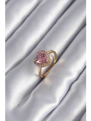 Ayder Timya Pirinç Gold Renk Pembe Zirkon Taş Kalp Charm Model Kadın Yüzük (Timya/1395) 190055