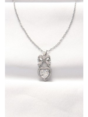 Ayder Timya 316L Çelik Silver Renk Zirkon Taşlı Kalpli Fiyonk Kolye (Timya/1395) 190308