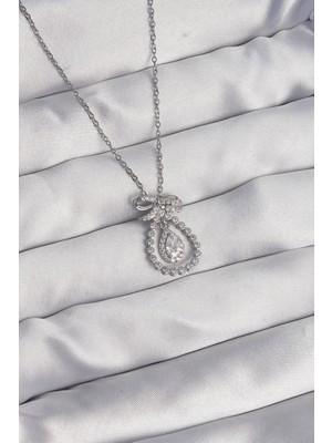 Ayder Timya 316L Çelik Gümüş Renk Fiyonk Detaylı Zirkon Taşlı Damla Model Kolye (Timya/1395) 190672