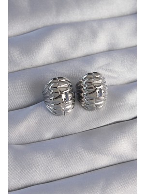 Ayder Timya Pirinç Gümüş Renk Tırtıklı Minimal Bombeli Tasarım Küpe (Timya/1395) 190607