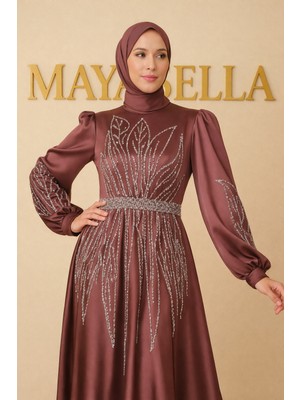 MayaBella Saten Yaprak Desenli Tesettür Abiye