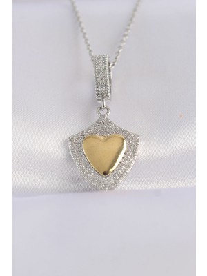 Ayder Timya 316L Çelik Zincir Gümüş Renk Zirkon Taşlı Tasarım Altın Renk Kalp Kolye (Timya/1395) 190433