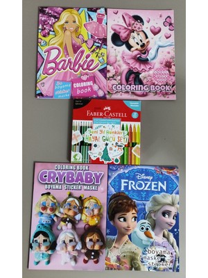 Ada Çanta Kırtasiye 4 Adet Stickerli Boyama Kitabı ve 20'li Boya Kalemi (Barbi/stitch/frozen/crybaby)