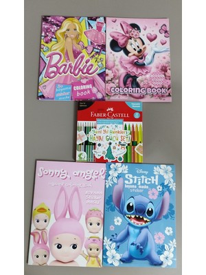 Ada Çanta Kırtasiye 4 Adet Stickerli Boyama Kitabı ve 20'li Boya Kalemi (Barbi/stitch/sonny Angel/minnie)