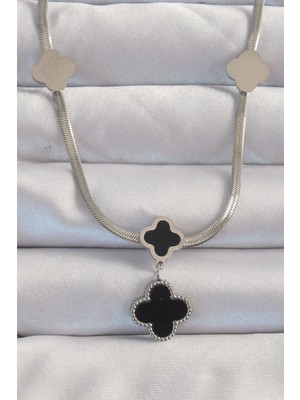 Ayder Timya 316L Çelik Gümüş Renk İtalyan Zincirli Mineli Yonca Kolye (Timya/1395) 190790