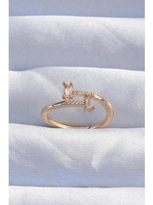 Ayder Timya Pirinç Gold Renk Zirkon Taşlı Geometrik Ayarlanabilir Yüzük (Timya/1395) 190726