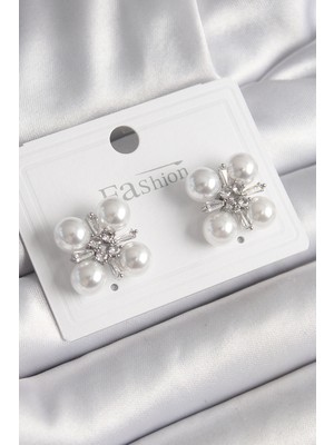 Ayder Timya Pirinç Gümüş Renk Zirkon Taşlı İncili Kadın Küpe (Timya/1395) 191663