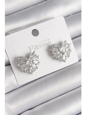 Ayder Timya Pirinç Gümüş Renk Zirkon Taşlı Kalp Model Kadın Küpe (Timya/1395) 191449