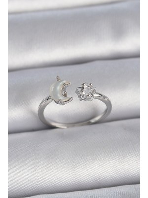 Ayder Timya Pirinç Gümüş Renk İncili Hilal Zirkon Taşlı Yıldız Ayarlanabilir Kadın Yüzük (Timya/1395) 191287