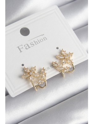 Ayder Timya Pirinç Gold Renk Zirkon Taşlı Çiçek Model Kadın Küpe (Timya/1395) 191397