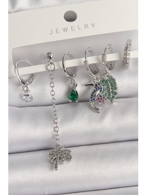 Ayder Timya Pirinç Gümüş Renk Sallantı Zirkon Taşlı Ağaç Figür Çoklu Kadın Küpe Seti (Timya/1395) 191867