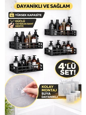 Datatek Duş Içi Yapışkanlı Banyo Rafı 4’lü Set | Delme Yok | Güçlü Yapışkan Bantlı Organizer