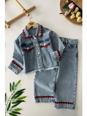 Miniğimin Cicileri Örgü Detaylı Kız Çocuk Kot Takım - Açık Mavi