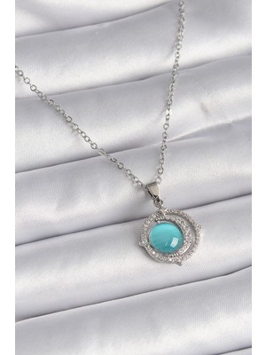 Ayder Timya 316L Çelik Gümüş Renk Mavi Sedefli Hilal Model Kadın Kolye (TIMYA/1395) 191218