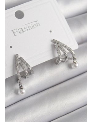 Ayder Timya Pirinç Gümüş Renk Zirkon Taşlı Pençe Model İnci Detay Kadın Küpe (Timya/1395) 191671