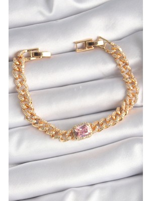 Ayder Timya Pirinç Gold Renk Pembe Kare Zirkon Taşlı VIP Seri Kadın Bileklik (Timya/1395) 191370