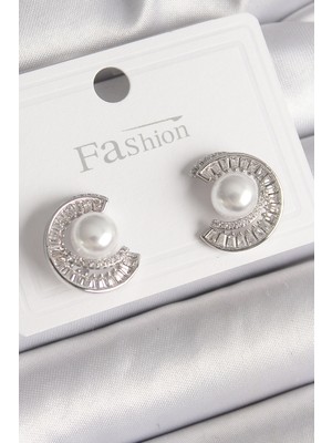 Ayder Timya Pirinç Gümüş Renk Zirkon Taşlı Salyangoz Model İnci Detay Kadın Küpe (Timya/1395) 191476