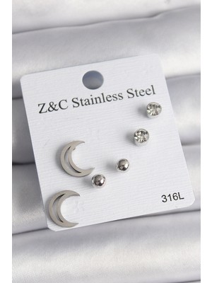 Ayder Timya 316L Çelik Gümüş Renk Zirkon Taşlı Hilal Model Kadın Küpe Seti (Timya/1395) 191753