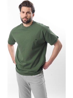 Madmext Haki Nakış Detaylı Erkek T-Shirt E7112