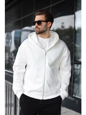 Madmext Ekru Fermuarlı Kapüşonlu Erkek Hırka E7174