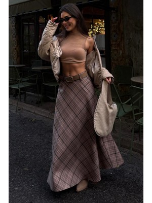 Madmext Vizon Ekose Desenli Cepli Kemerli Uzun Kadın Etek MG2636