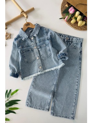 Miniğimin Cicileri Taşlı Cep  Detaylı Kız Çocuk Kot Takım - Açık Mavi