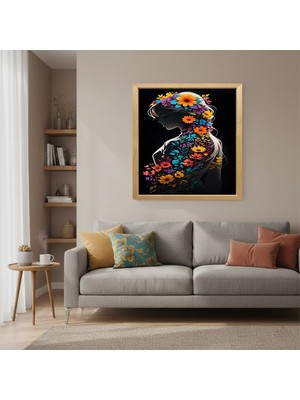 Bfm Dijital Baskı Merkezi İnce Ahşap Çerçeveli Çiçek Sanatlı Kadın Tablosu – Modern Ev Dekoru