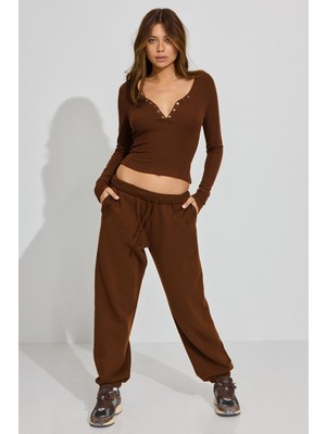 Madmext Kahverengi Paçası Manşetli Cepli Kadın Eşofman Altı MG2540