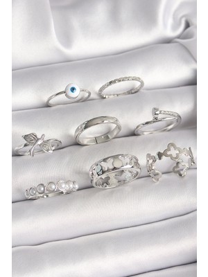 Ayder Timya Pirinç Gümüş Renk Nazar Boncuk Detay İncili Kelebek İşlemeli Kadın Yüzük Kombini (Timya/1395) 192130