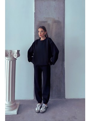 Yakamel Kadın Oversıze Yüksek Bel Paçası Lastikli Bisiklet Yaka Eşofman Takımı