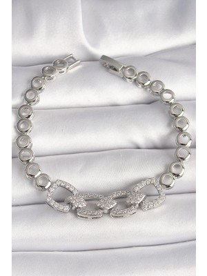 Ayder Timya Pirinç Gümüş Renk Zirkon Taşlı Daire Zincir Model Kadın Bileklik (Timya/1395) 192100