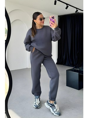 Yakamel Kadın 3iplik Oversıze Paçası Lastikli Bisiklet Yaka Eşofman Takımı