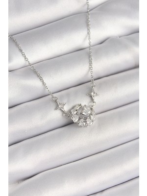 Ayder Timya 316L Çelik Gümüş Renk Zirkon Taşlı Hilal Kalp Model Kadın Kolye (Timya/1395) 192219