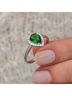 Harem Altın Gümüş Damla Zümrüt Taşlı Kadın Yüzük