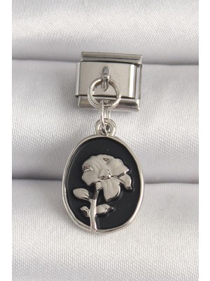 Ayder Timya 316L Çelik Gümüş Renk Gümüş Çiçek İşlemeli Siyah Portre Model Nomination Charm (Timya/1395) 192322