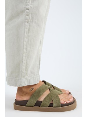 Manijero Paula MNR.011.03 Kadın Haki Kalın Taban Günlük Hakiki Deri Terlik