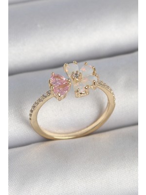 Ayder Timya Pirinç Gold Renk Beyaz Mineli Pembe Zirkon Taşlı Çiçek Model Kadın Yüzük (Timya/1395) 192430