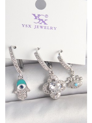 Ayder Timya Pirinç Gümüş Renk Zirkon Taşlı Fatma Ana Yonca Figür Göz Detay 3'Lü Kadın Kombin Küpe (Timya/1395) 192362