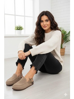 Manijero Kadın Vizon Renkli Hakiki Deri Sandalet Terlik Konforlu ve Hafif Tasarım