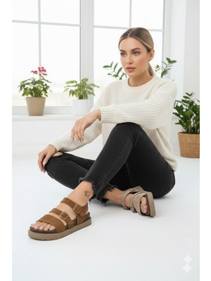 Manijero Sara MNR.013.02 Kadın Taba Günlük Hakiki Deri Sandalet Terlik