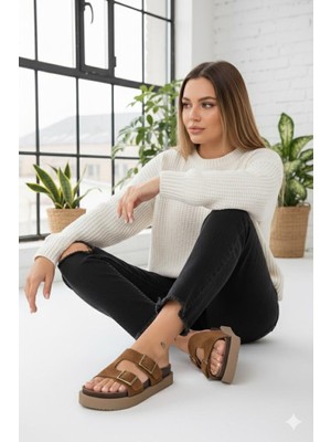 Manijero Jimena MNR.012.02 Kadın Taba Kalın Taban Günlük Hakiki Deri Terlik