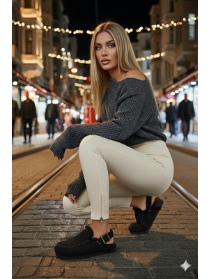 Manijero Alba Kürklü Premium MNR.016 Kadın Siyah Günlük Hakiki Deri Sandalet Terlik