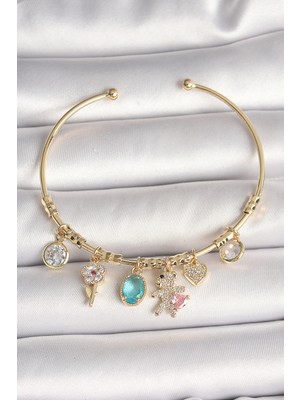Ayder Timya Pirinç Gold Renk Sallantı Zirkon Taşlı AYıcık Figür Kalp Detay Charm Kadın Bileklik (Timya/1395) 192308