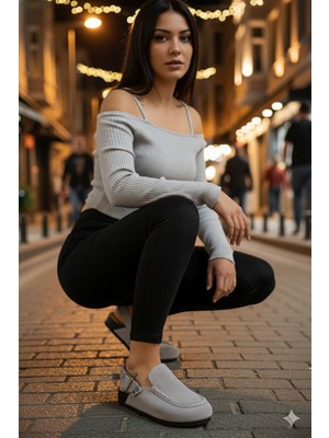 Manijero Alba Premium MNR.010.06 Kadın Açık Gri Günlük Hakiki Deri Önü Kapalı Terlik