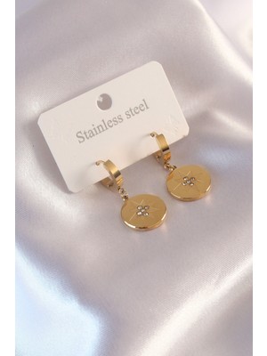 Hsc Bilişim Çelik Gold Renk Kutup Yıldızı Işleme Zirkon Taşlı Kadın Küpe
