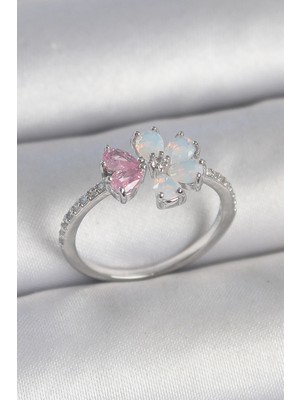 Ayder Timya Pirinç Gümüş Renk Beyaz Mineli Pembe Zirkon Taşlı Çiçek Model Kadın Yüzük (Timya/1395) 192429